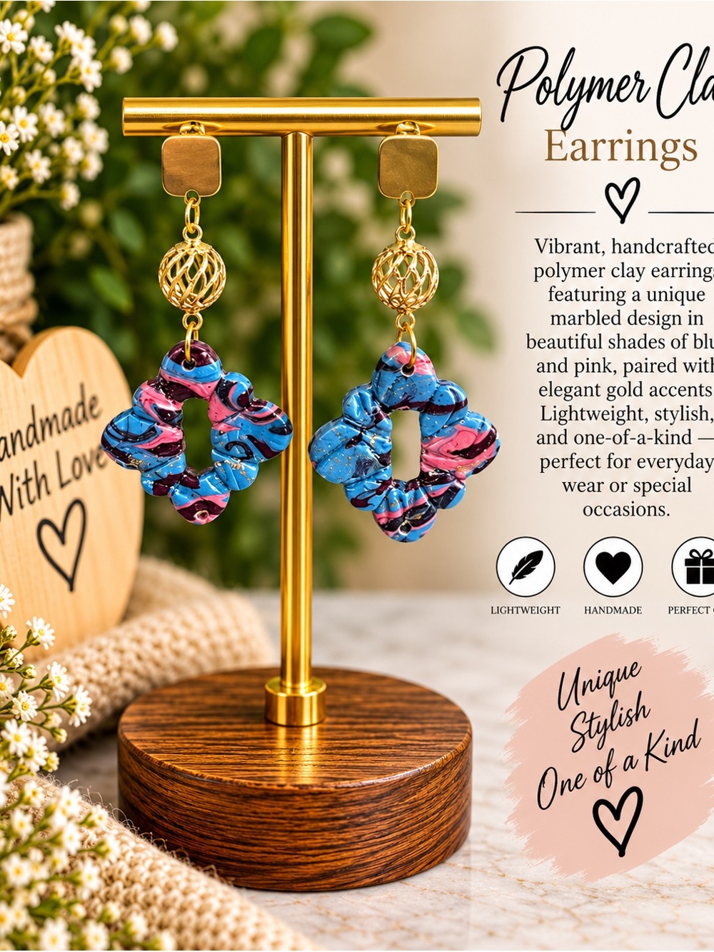 Marbled Blue & Pink Dangle Polymer Clay Earrings with Gold Accents